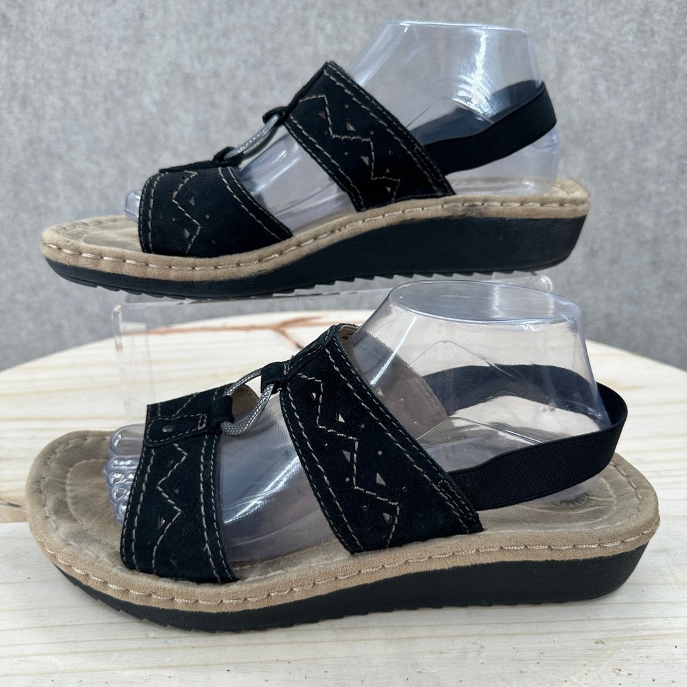 Earth Spirit Alli Sandals Women 10 Black Leather Wedge Slingback WMES29ER077